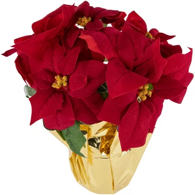 Northlight 16" Red Artificial Christmas Poinsettia Arrangement With Gold Wrapped Pot 4 Northlight 16" Red Artificial Christmas Poinsettia Arrangement With Gold Wrapped Pot - Image 2