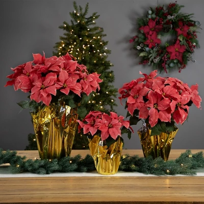 Northlight 20" Dark Pink Artificial Christmas Poinsettia With Gold Wrapped Base 4 Northlight 20" Dark Pink Artificial Christmas Poinsettia With Gold Wrapped Base - Image 2